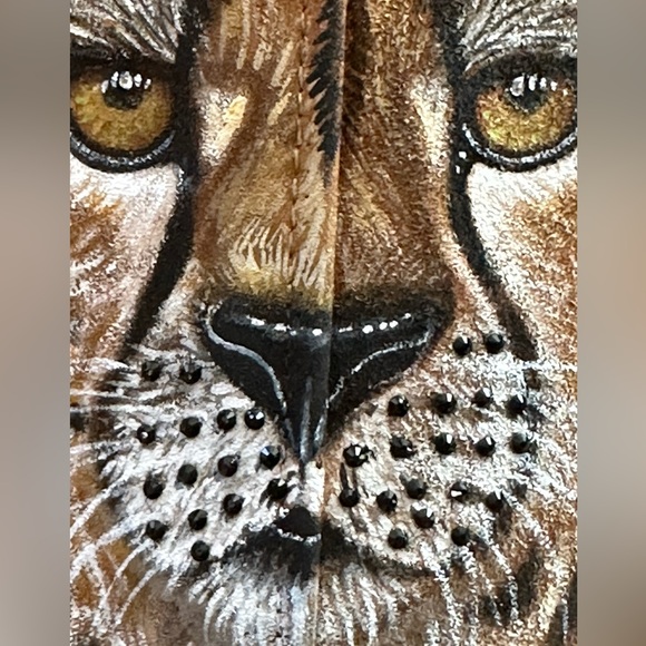 Berman Buckskin vintage long fringe suede vest handpainted cheetah flowers sz SM - Picture 5 of 16